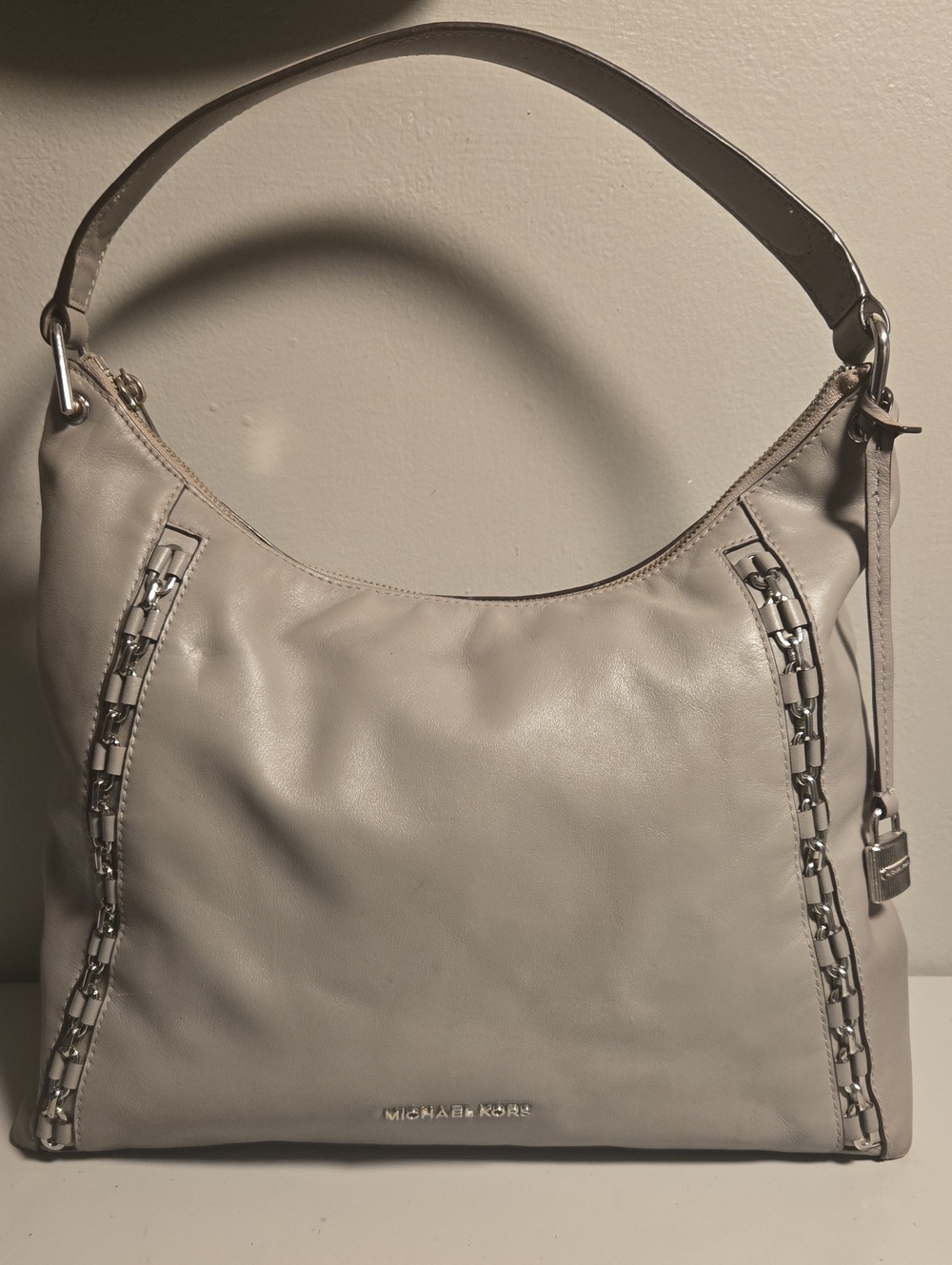 Michael Kors Light Gray Leather Shoulder Hobo with Chain Trim